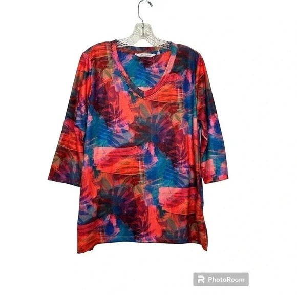 Soft Surroundings Top Petite Large Orange Floral Kulani Tropical Fusion V Neck - Picture 1 of 6